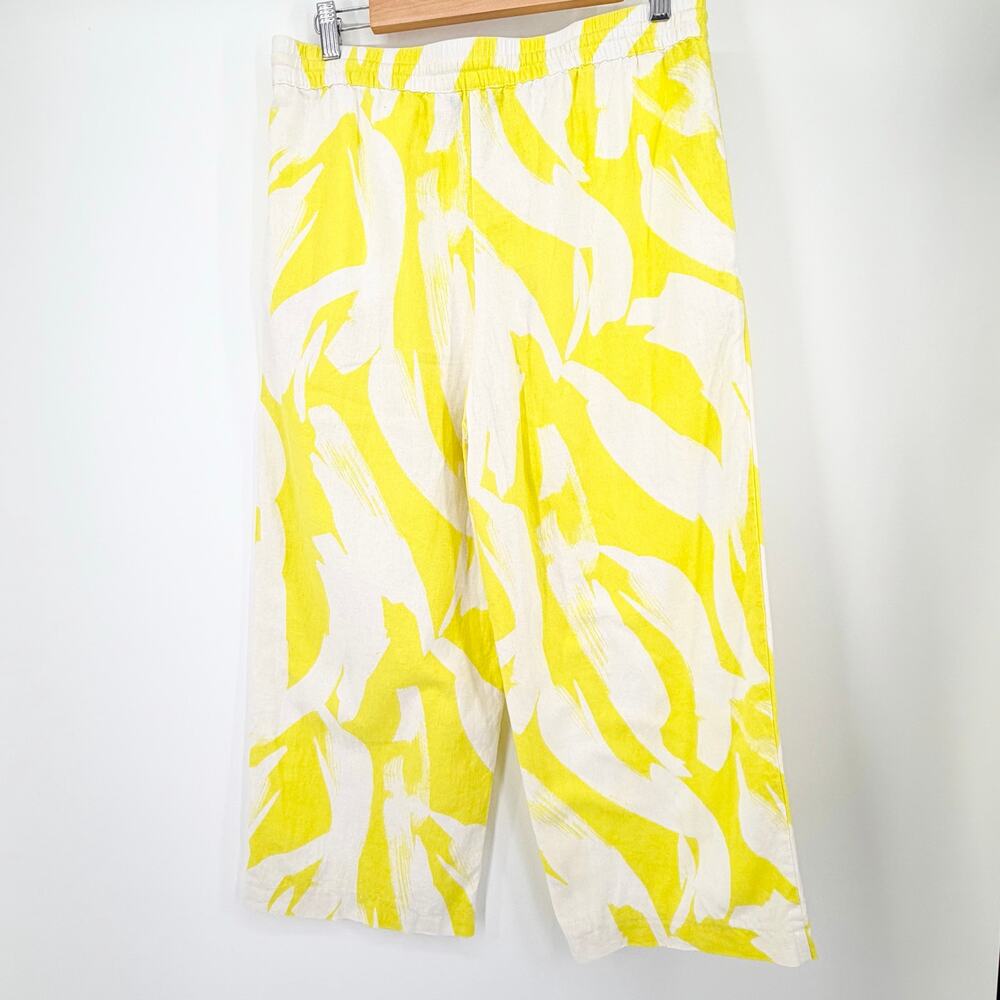DKNY Linen Blend Wide Leg Crop Pants Yellow White Abstract Print Medium - Picture 10 of 12
